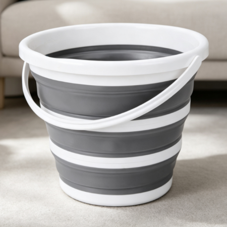 Gray and White Round Folding Bucket