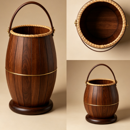 Hand-polished Solid Wood Water Bucket, Zen-inspired Tea Room Furnishing