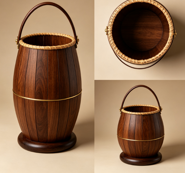 Hand-polished Solid Wood Water Bucket, Zen-inspired Tea Room Furnishing