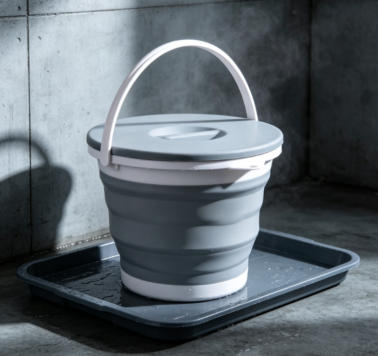 Gray and White Folding Handheld Water Bucket with Lid, Household Dustproof Telescopic Water Storage Bucket, Portable Sealed Storage Bucket - Image 2