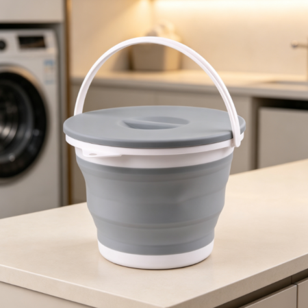 Gray and White Folding Handheld Water Bucket with Lid, Household Dustproof Telescopic Water Storage Bucket, Portable Sealed Storage Bucket