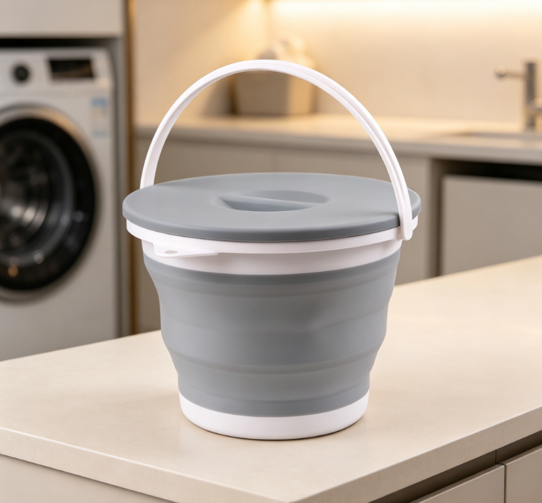 Gray and White Folding Handheld Water Bucket with Lid, Household Dustproof Telescopic Water Storage Bucket, Portable Sealed Storage Bucket