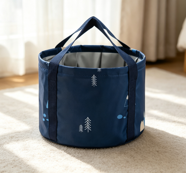 Navy Blue Printed Oxford Cloth Camping Folding Bucket - Image 2