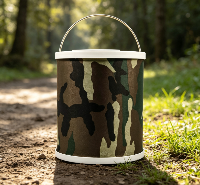 Camouflage Fabric Folding Bucket with Metal Handle